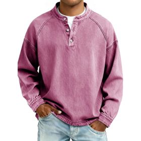 Men's Solid-Colored Casual Top Vintage Long-Sleeve Shirt (Option: Pink-4XL)