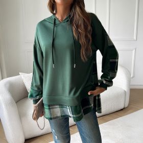 Women's Vintage Oversized Hoodie With Plaid Patchwork Stylish Y2k Clothing Streetwear Round Neck Hooded Long Sleeve Sweatshirts (Option: Green-L)