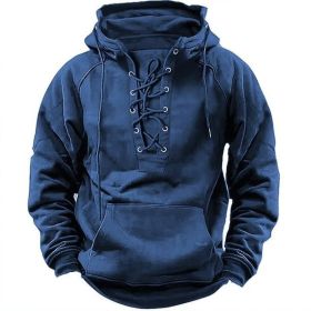 Ins Lace-up Hoodie Casual Sports Pocket Sweatshirt Men's Long-sleeved Top Clothing (Option: Blue-XL)