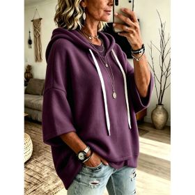 Womens Loose-fitting Hooded Top With Three-quarter Sleeves (Option: Purple-1XL)