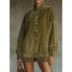 Velvet Fringed Hem Casual Stand-up Collar Button-down Loose Sweatshirt Dress (Option: Olive green-2XL)